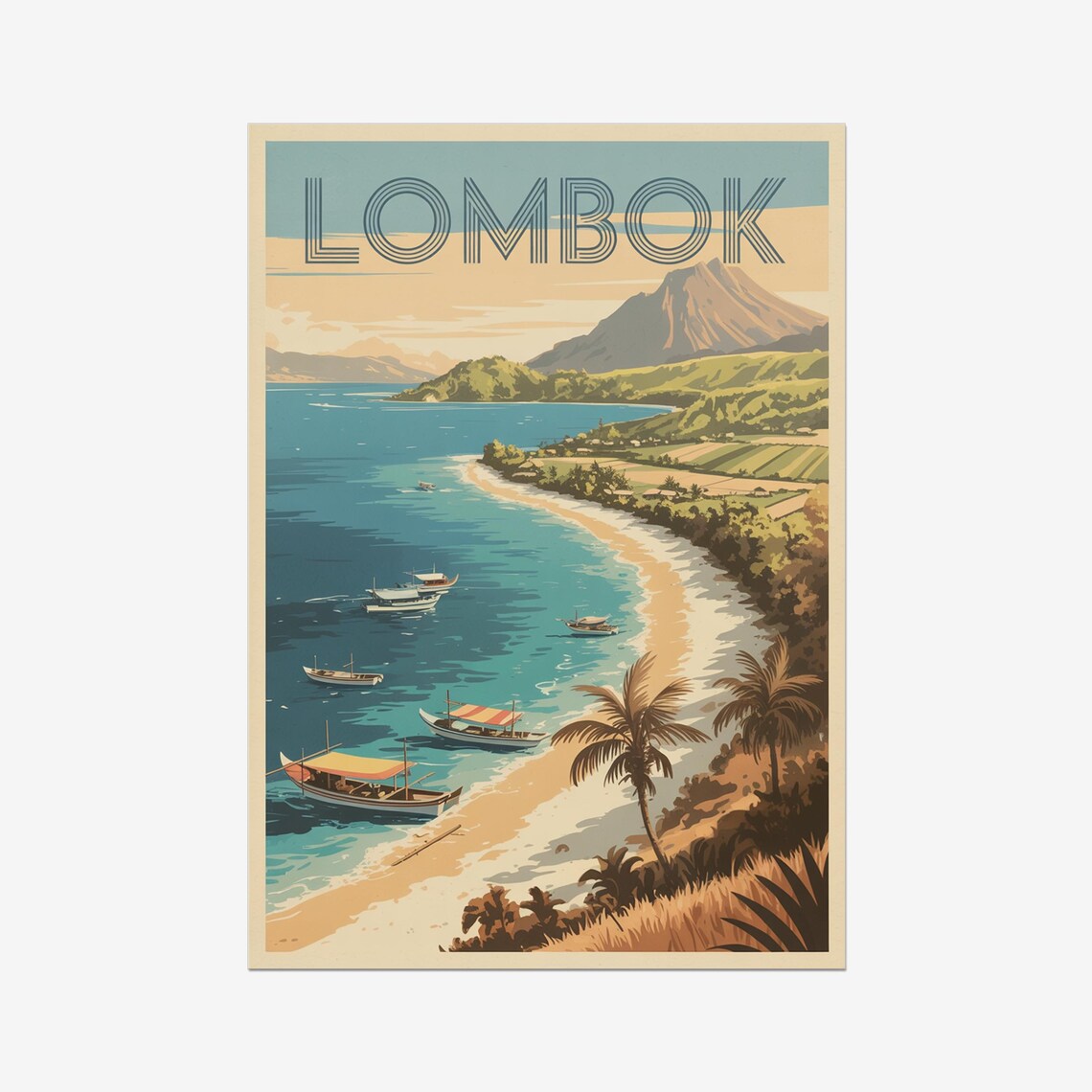 Lombok Beach Boats Volcano Island Retro Vintage Travel Poster Art