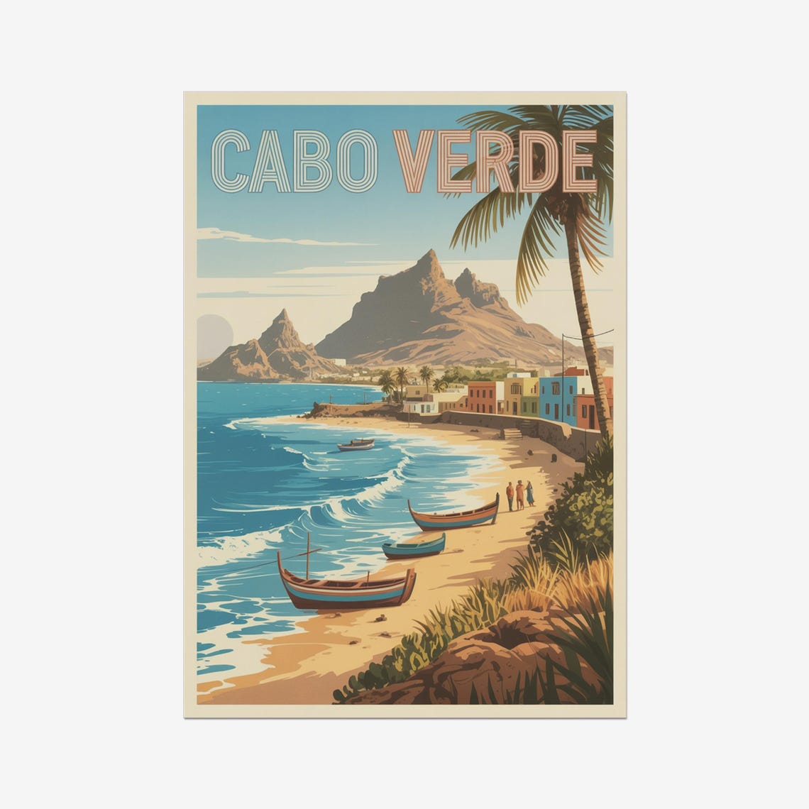 Cabo Verde Vintage Travel Poster With Beach Boats And Volcanic Peaks