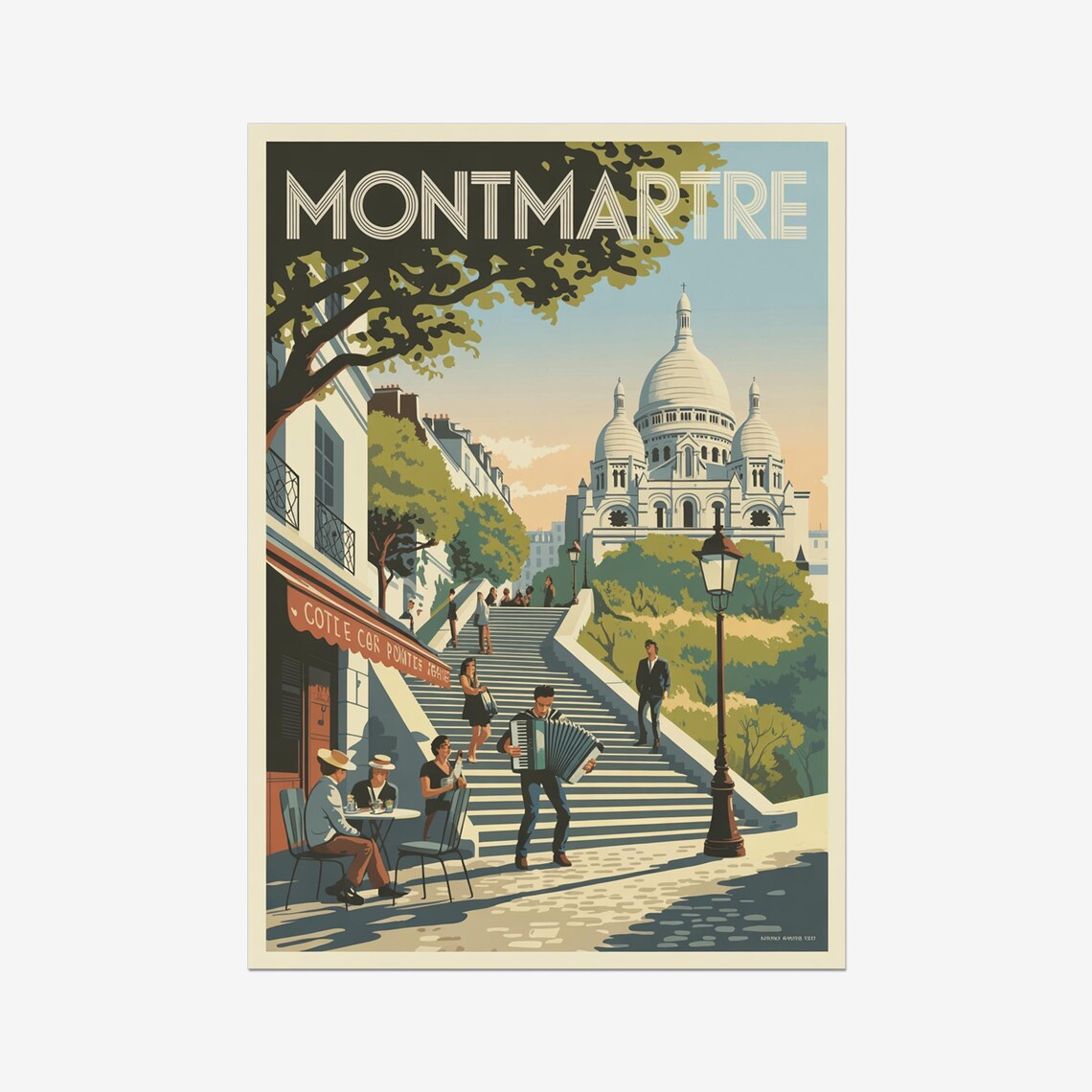 Montmartre Paris Sacre Coeur Vintage French Street Scene Travel Poster