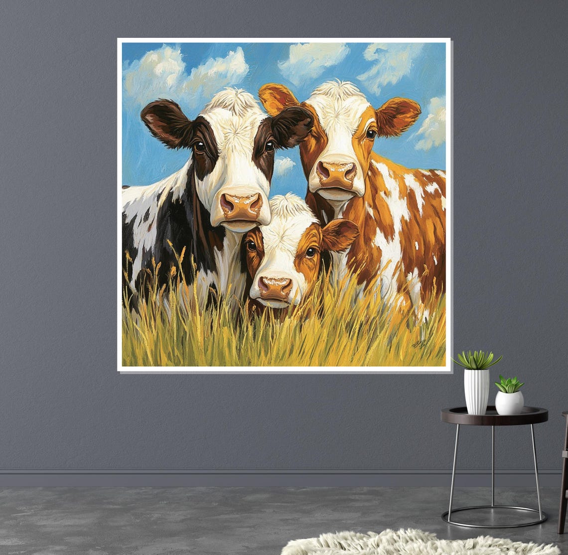 Three Cows In A Sunny Meadow Farm Animal Rustic Cattle Art Poster