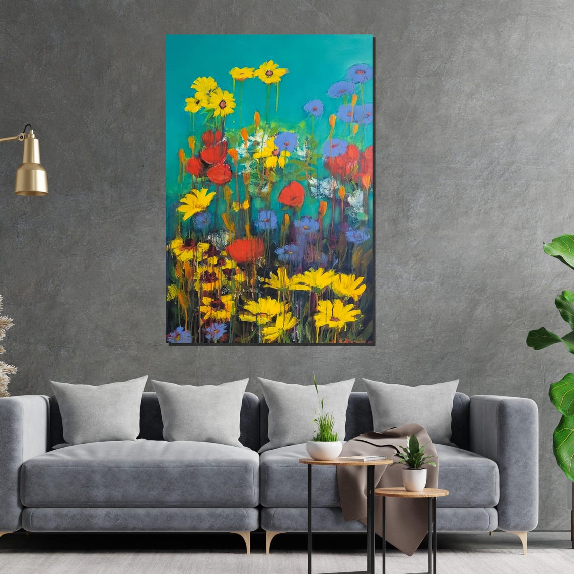 Colorful Wildflowers Teal Background Abstract Floral Art Poster - Image 2