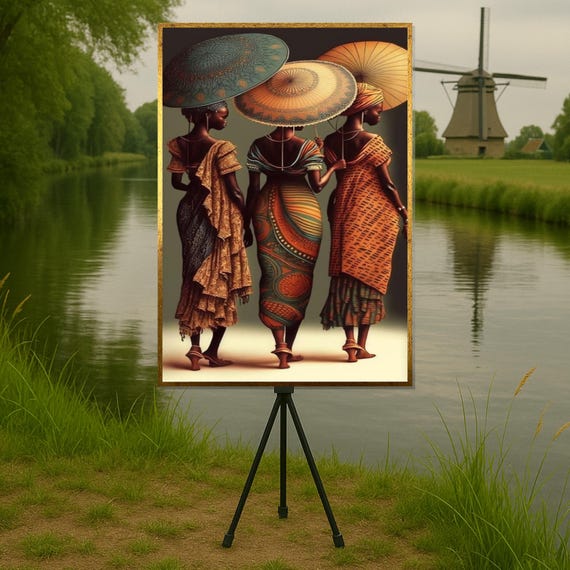 African Elegance Canvas Umbrella Women Art Cultural Wall Vibrant Print Design Ready To Hang Home Decoration