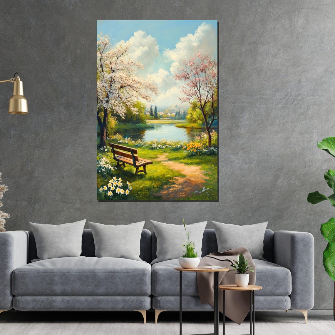 Serene Spring Lakeside Bench Blossom Trees Peaceful Nature Poster - Image 2