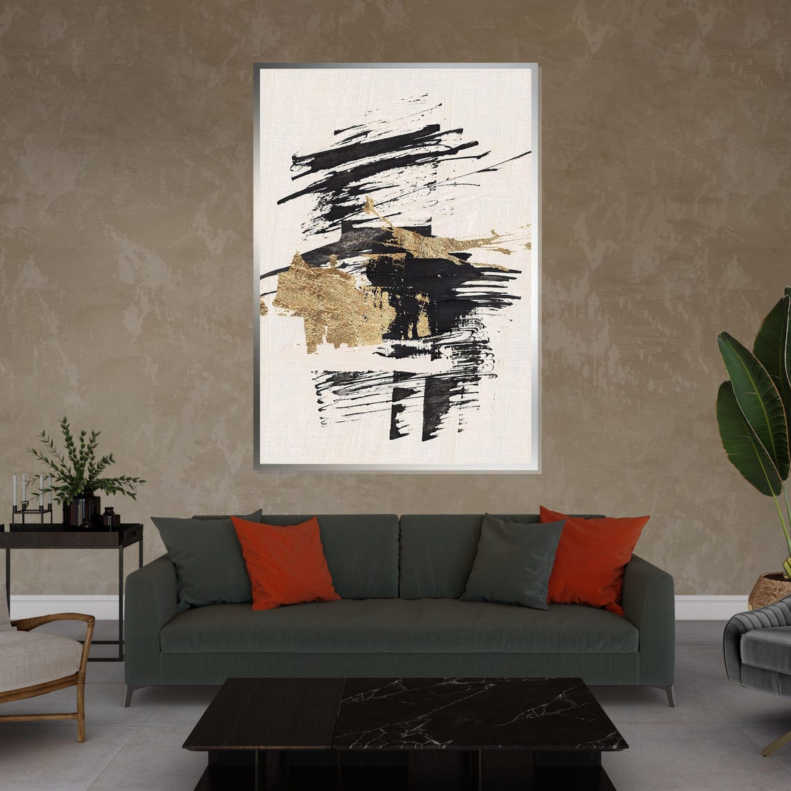 Dramatic Black Gold Brushstrokes White Modern Abstract Print - Image 4