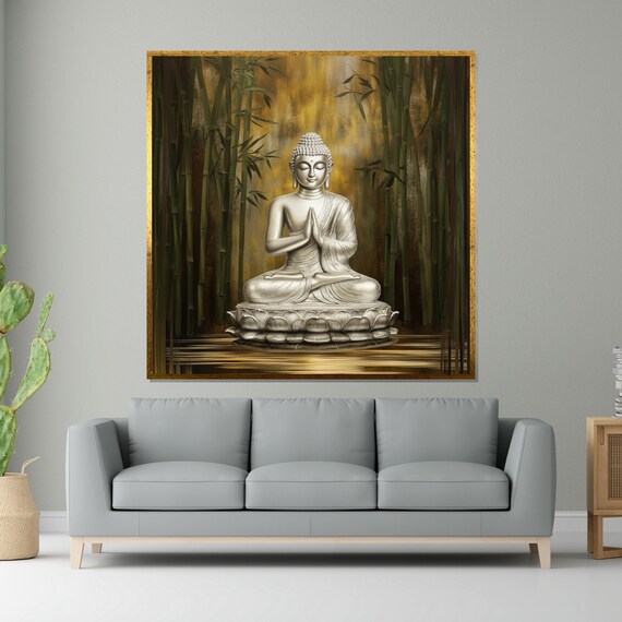 Silver Buddha in Bamboo Forest Golden Light Spiritual Art Poster