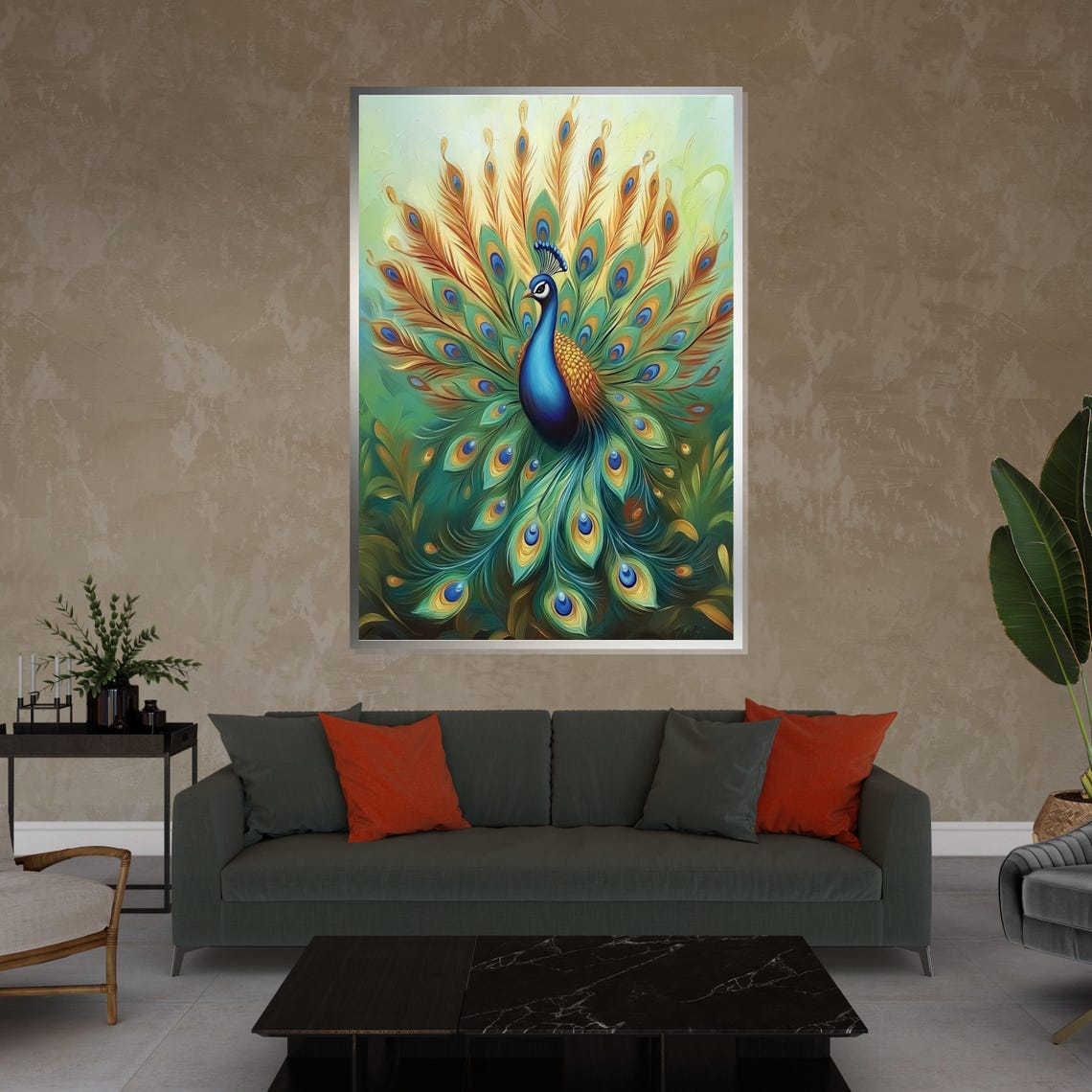 Peacock Full Fan Tail Teal Gold Painterly Exotic Bird Art Poster - Image 4
