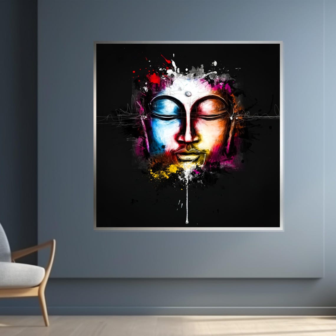 Buddha Face Paint Splatter Black Background Modern Art Poster - Image 4