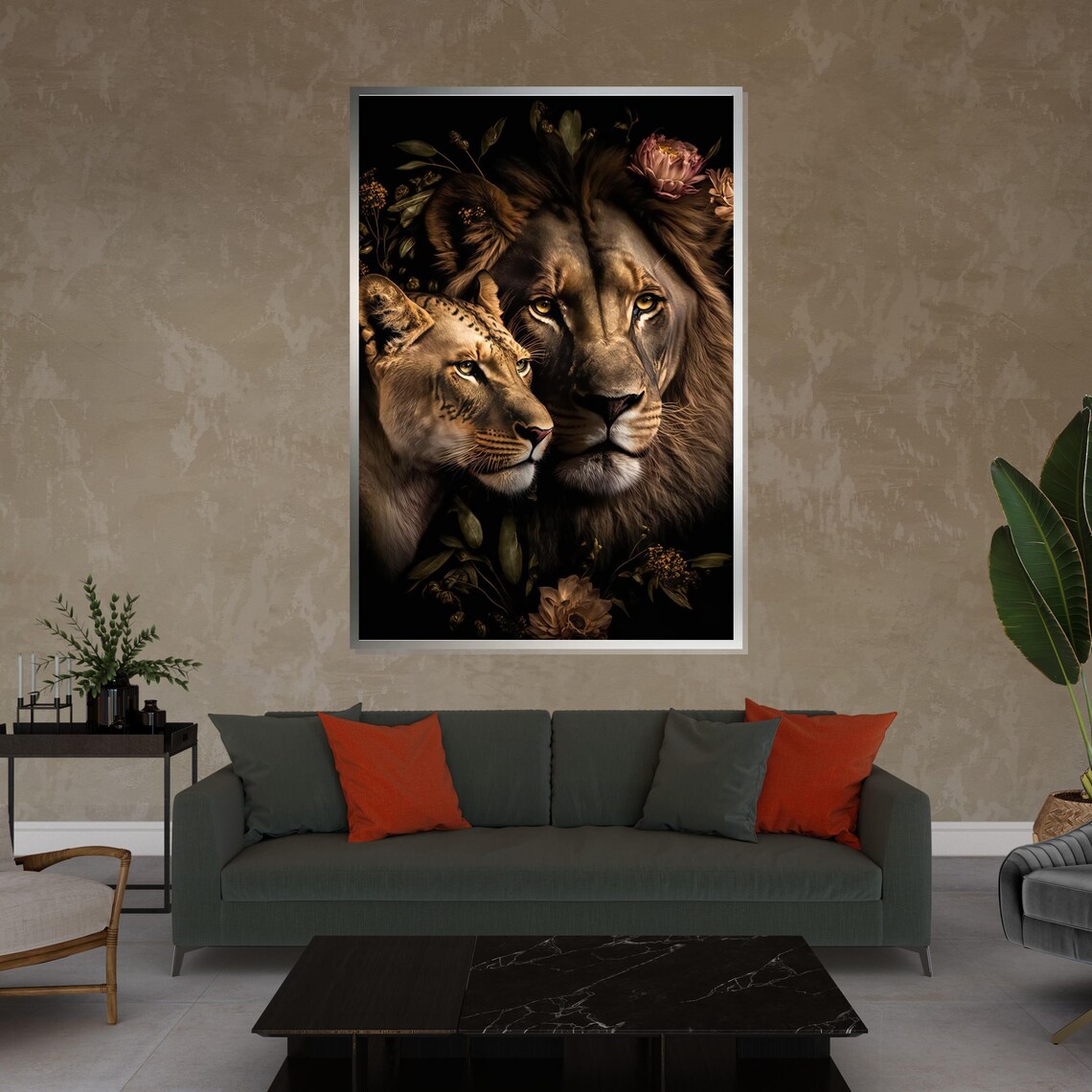 Lion and Lioness Pair Dark Floral Regal Couple Wildlife Art Poster - Image 4