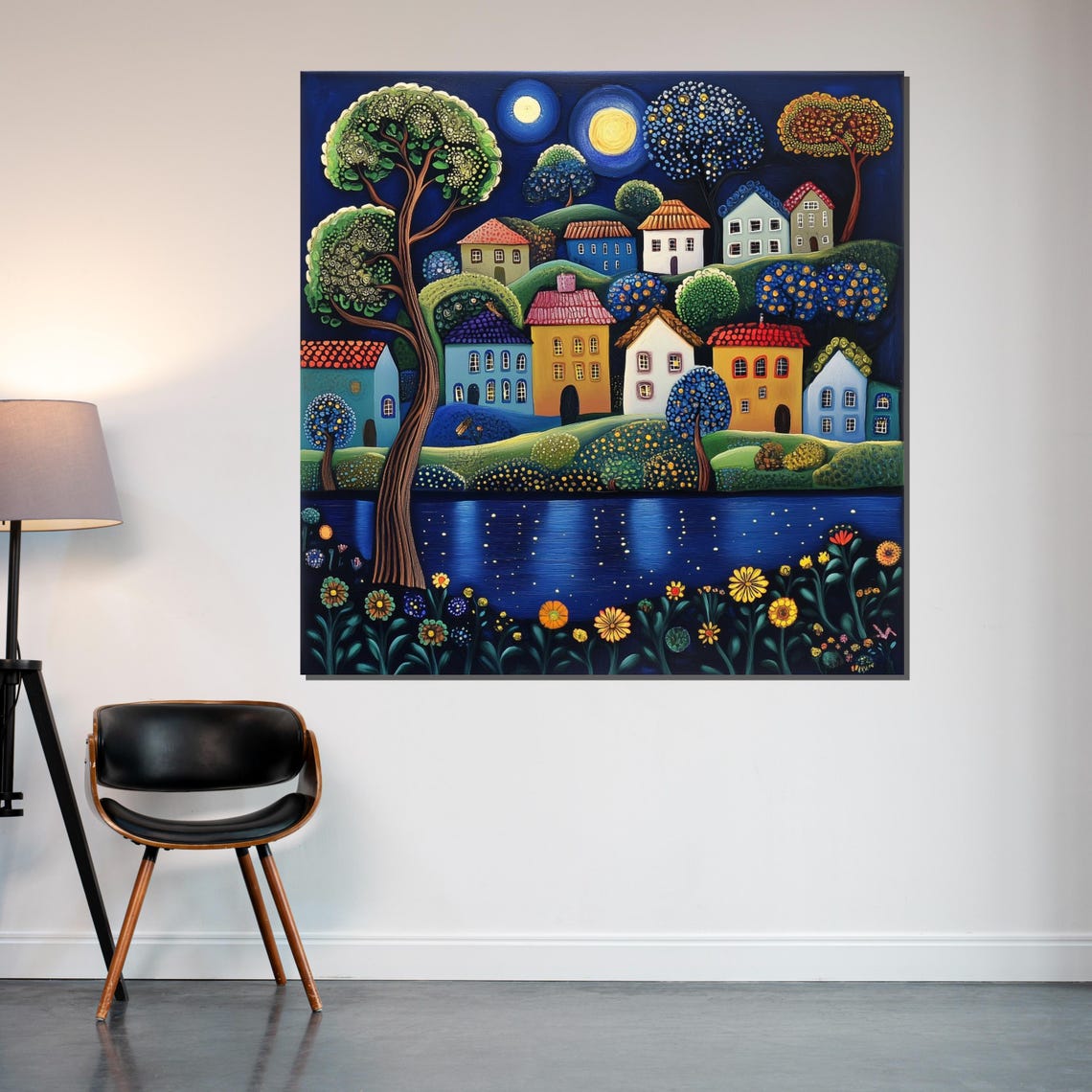 Moonlit Village Nightscape with Lake Colorful Folk Art Decor Poster - Image 2