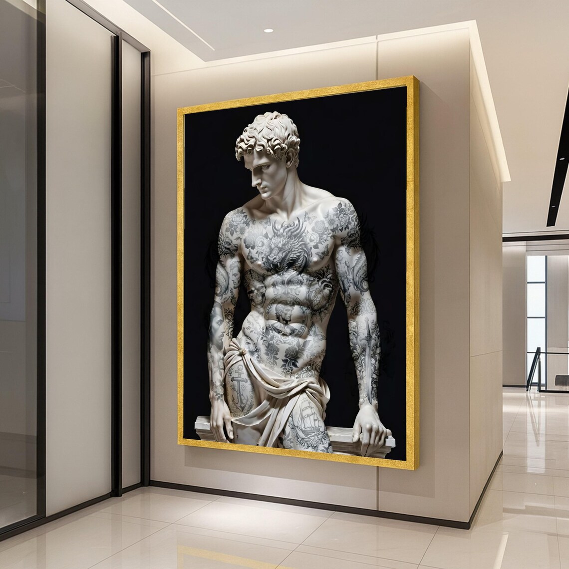 Tattooed David Sculpture, Modern Renaissance Art Print