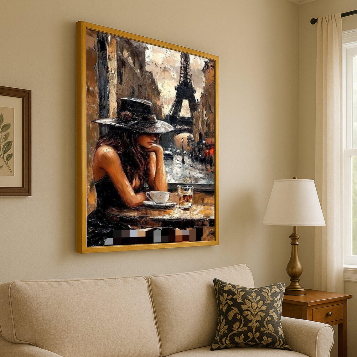 Paris Cafe Scene Canvas Style Poster Woman In Hat Eiffel Tower Rainy Street