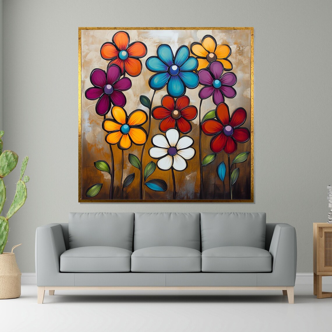 Whimsical Folk Art Flowers Colorful Naive Painting Art Poster