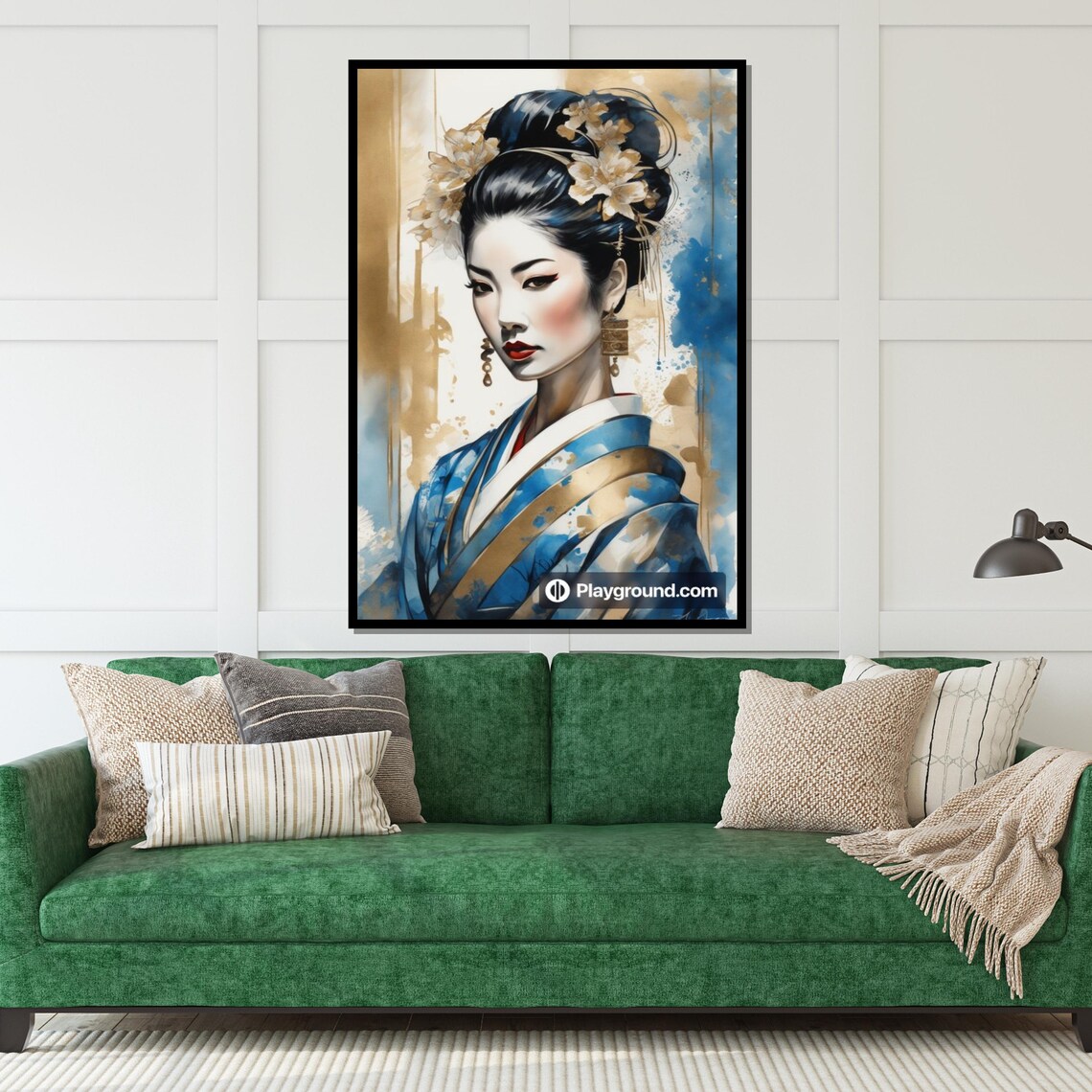 Elegant Geisha Blue Kimono Golden Floral Graceful Portrait Art Poster - Image 5