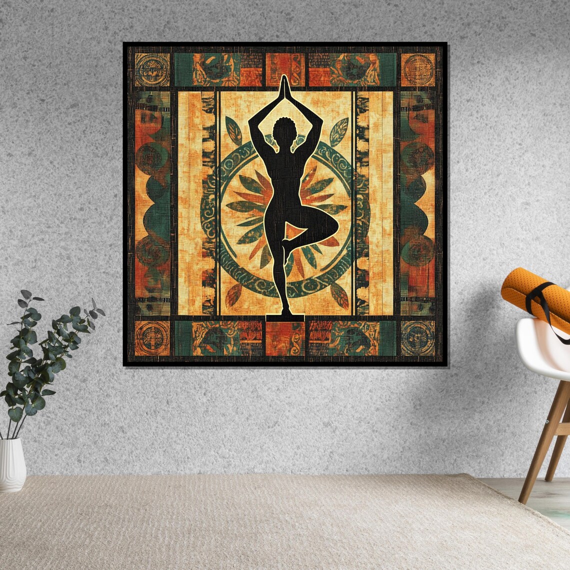 Tree Pose Yoga Woman Silhouette Warm Mosaic Mural Style Poster - Image 5