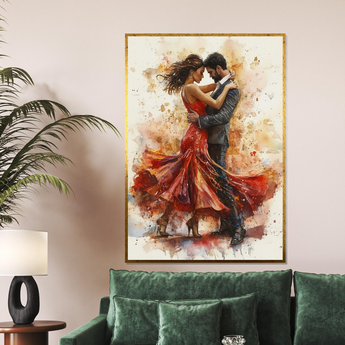 Tango Couple Red Dress Embrace Romantic Watercolor Dance Poster