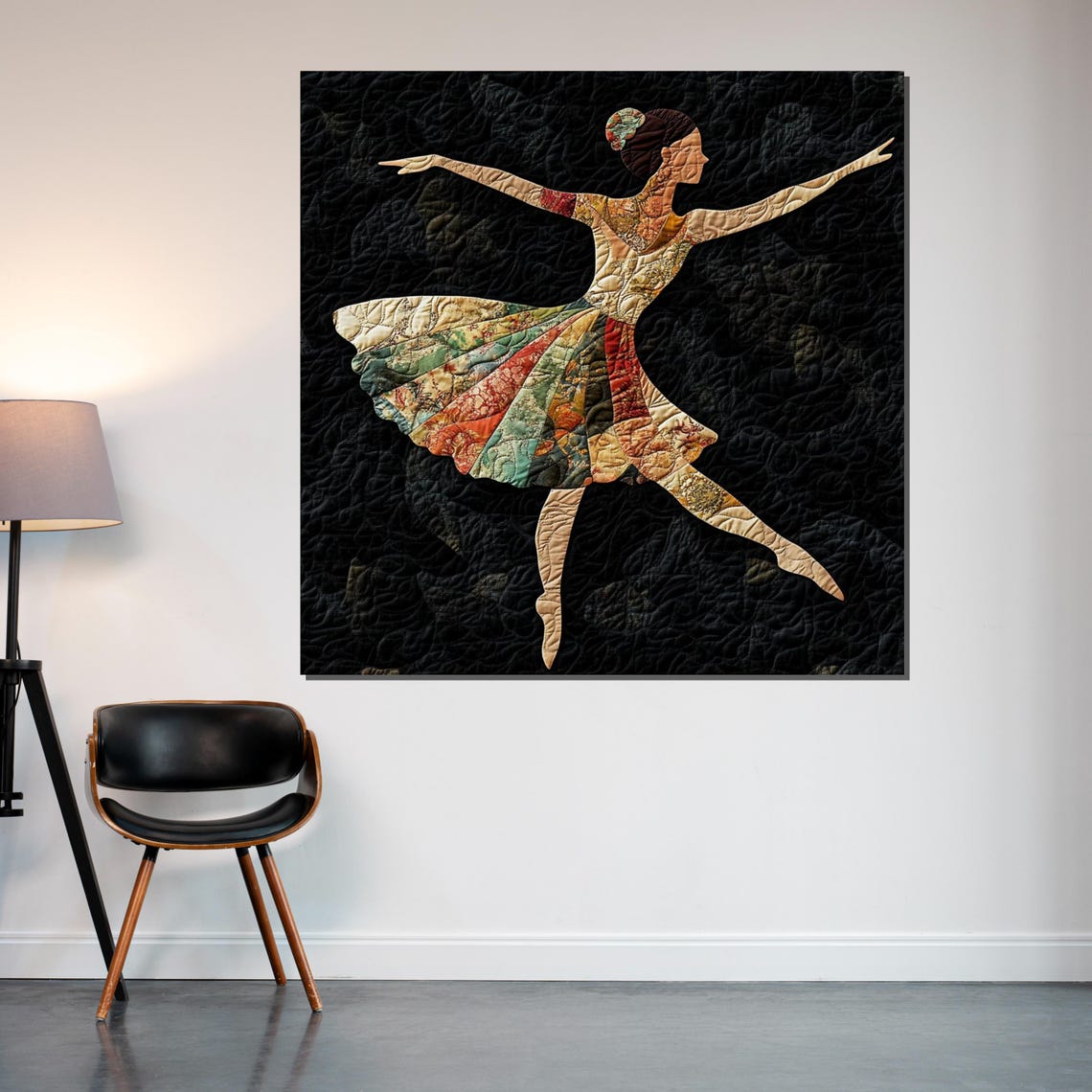 Quilted Patchwork Ballerina Map Skirt Black Background Folk Art Poster - Image 2