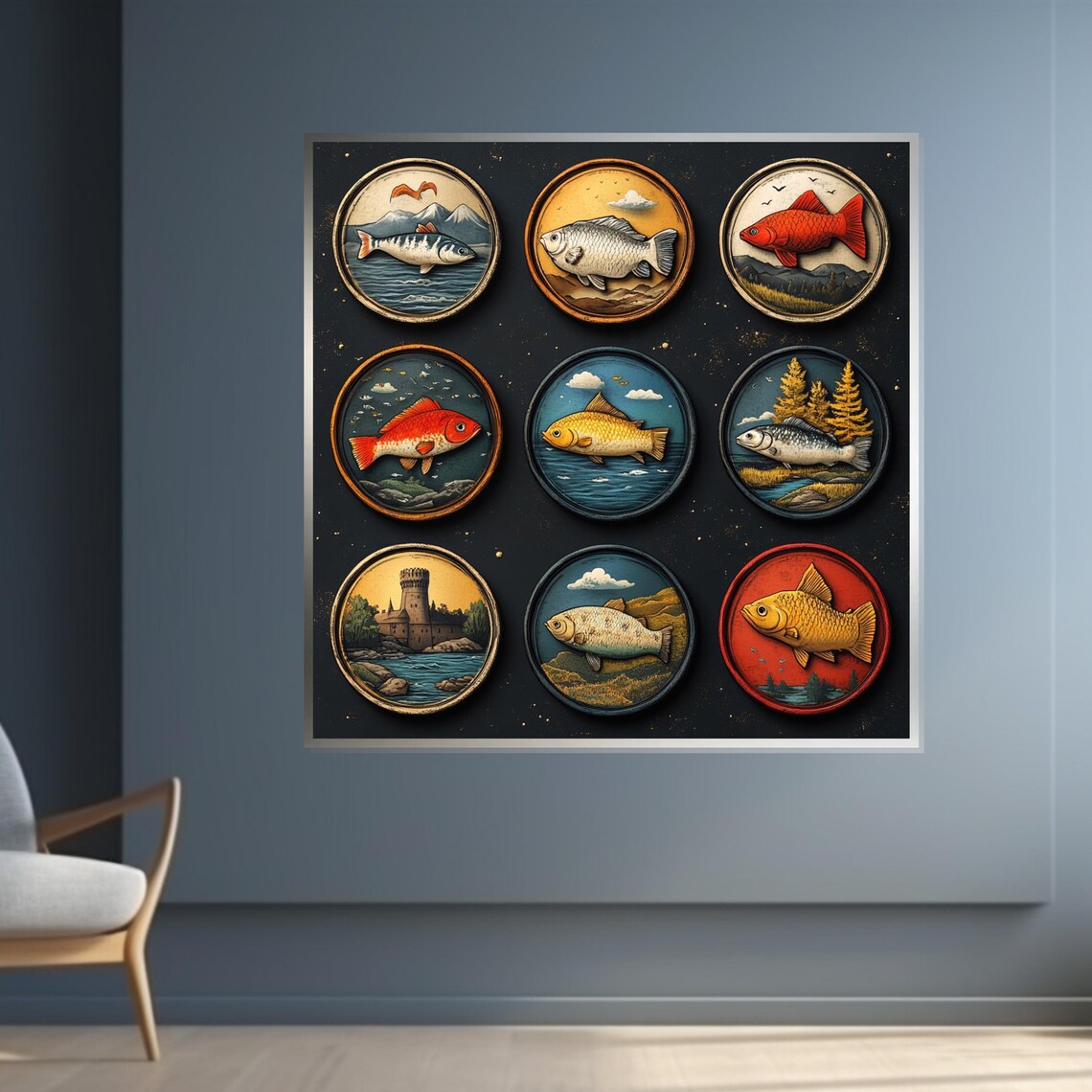 Nine Fish Medallions Vintage Nautical Grid Decorative Art Poster - Image 4