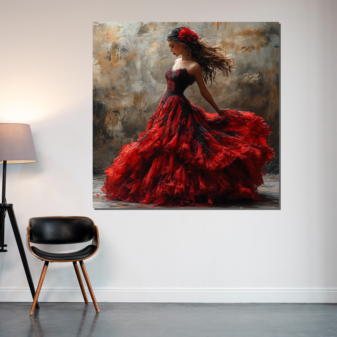 Woman in Flowing Red Ruffled Dress with Flower Dance Art Poster - Image 2