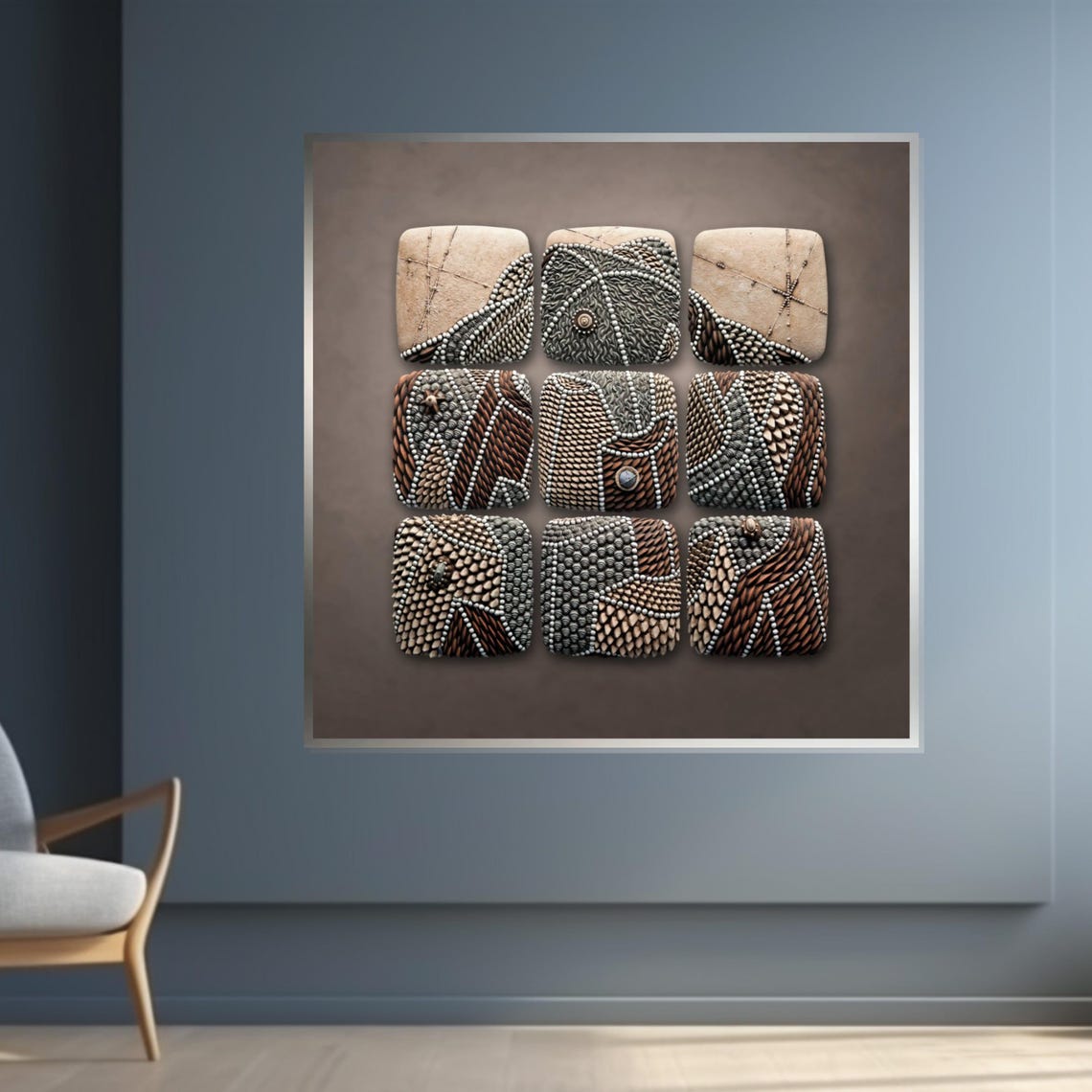 Stone Mosaic Panels 3x3 Earth Tone Textured Tribal Pattern Wall Art - Image 4