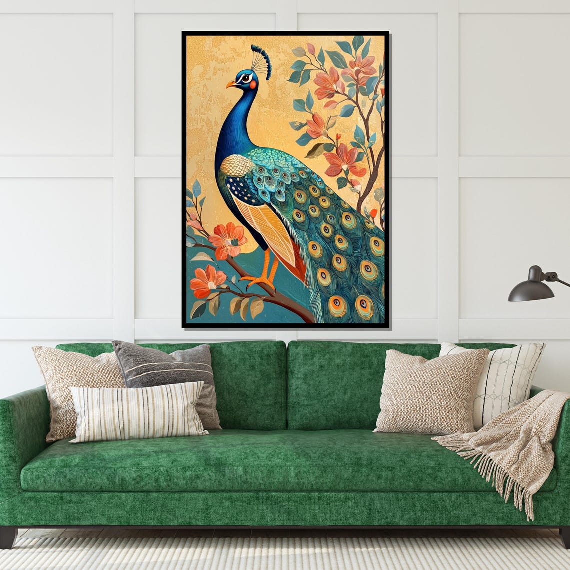 Peacock Golden Background Orange Blossoms Elegant Bird Art Poster - Image 5