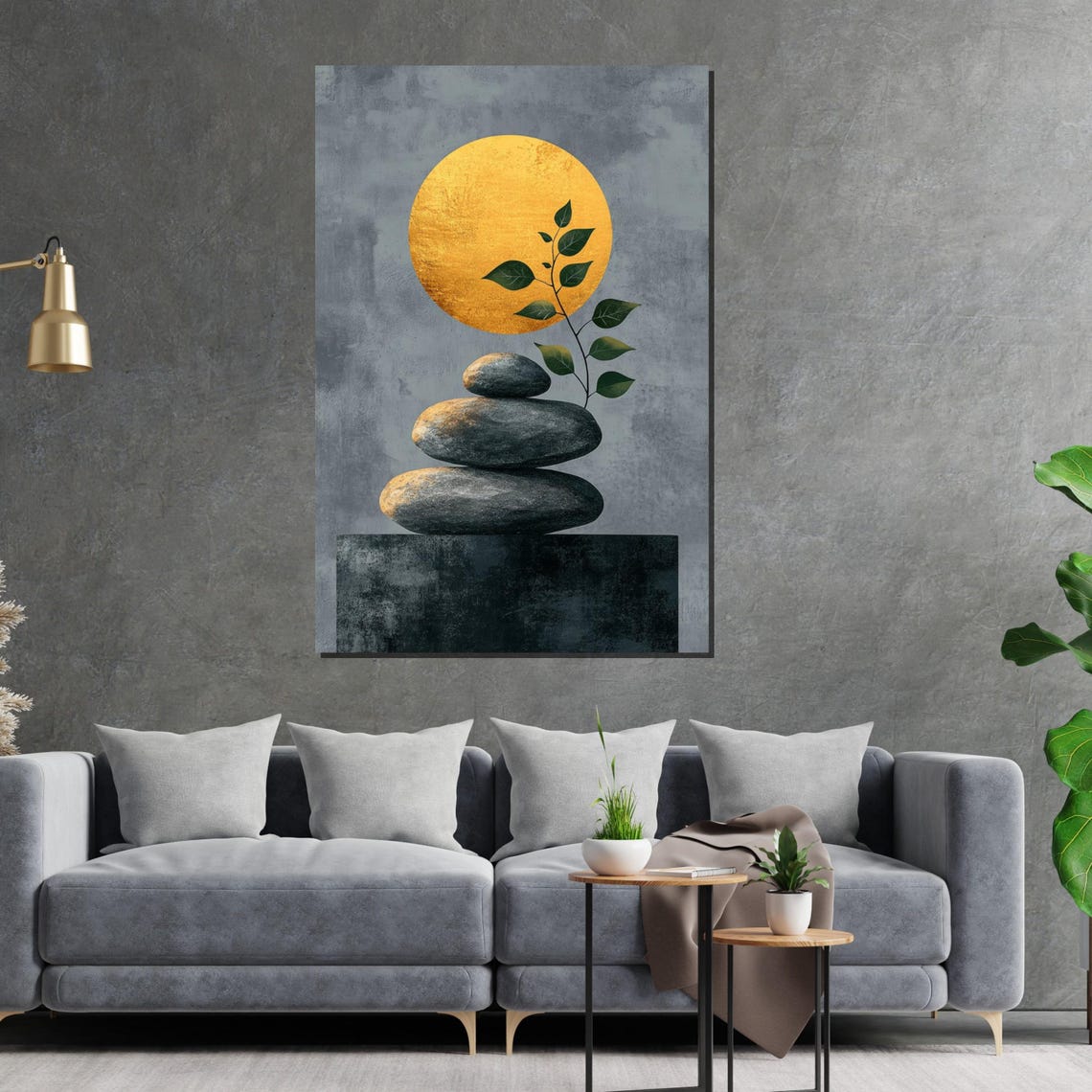 Zen Stone Cairn Golden Moon Branch Serene Minimalist Art Poster - Image 2