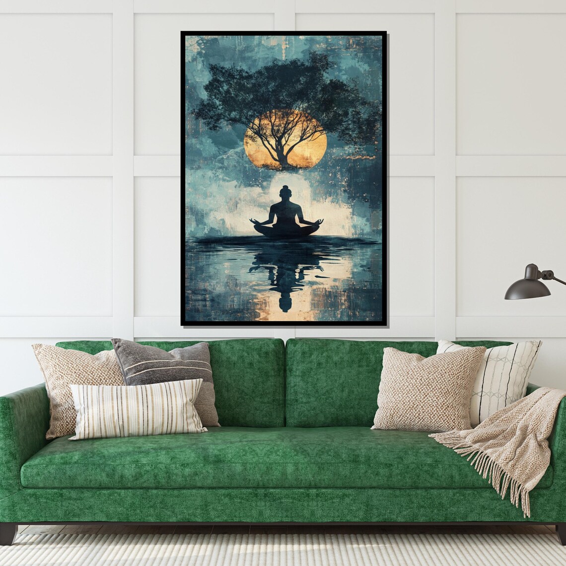 Moonlit Meditation Silhouette Tree and Lake Modern Yoga Art Poster - Image 5