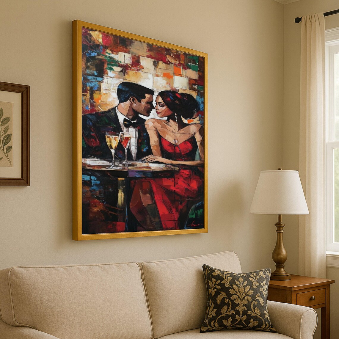 Romantic Couple Dinner Scene Canvas Style Poster Abstract Modern Love Artwork