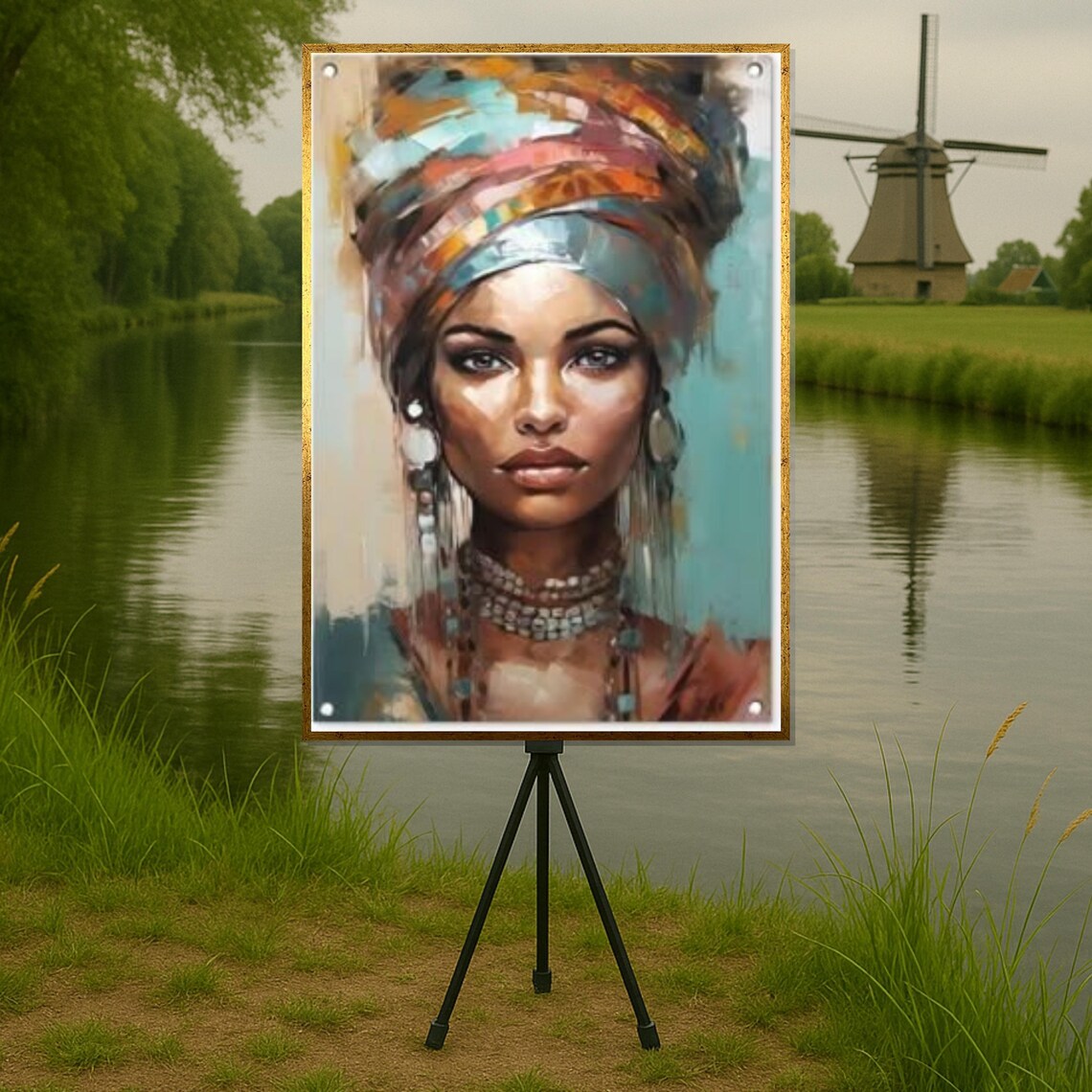 Elegant Woman Portrait, Colorful Headwrap Art Print