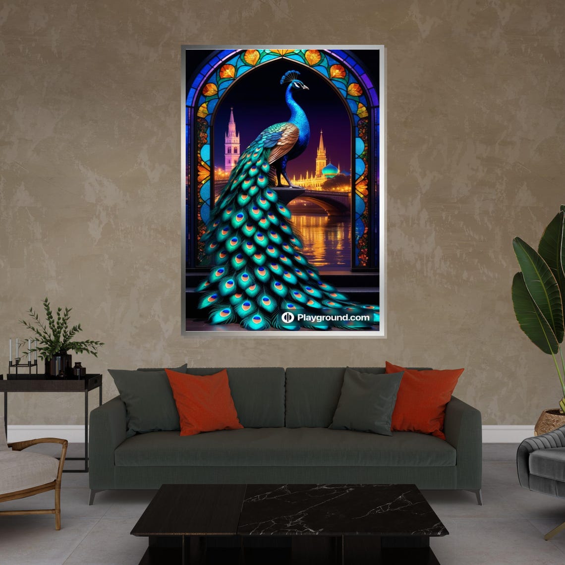 Peacock in Stained Glass Arch Night City Lights Bird Decor Poster - Image 4