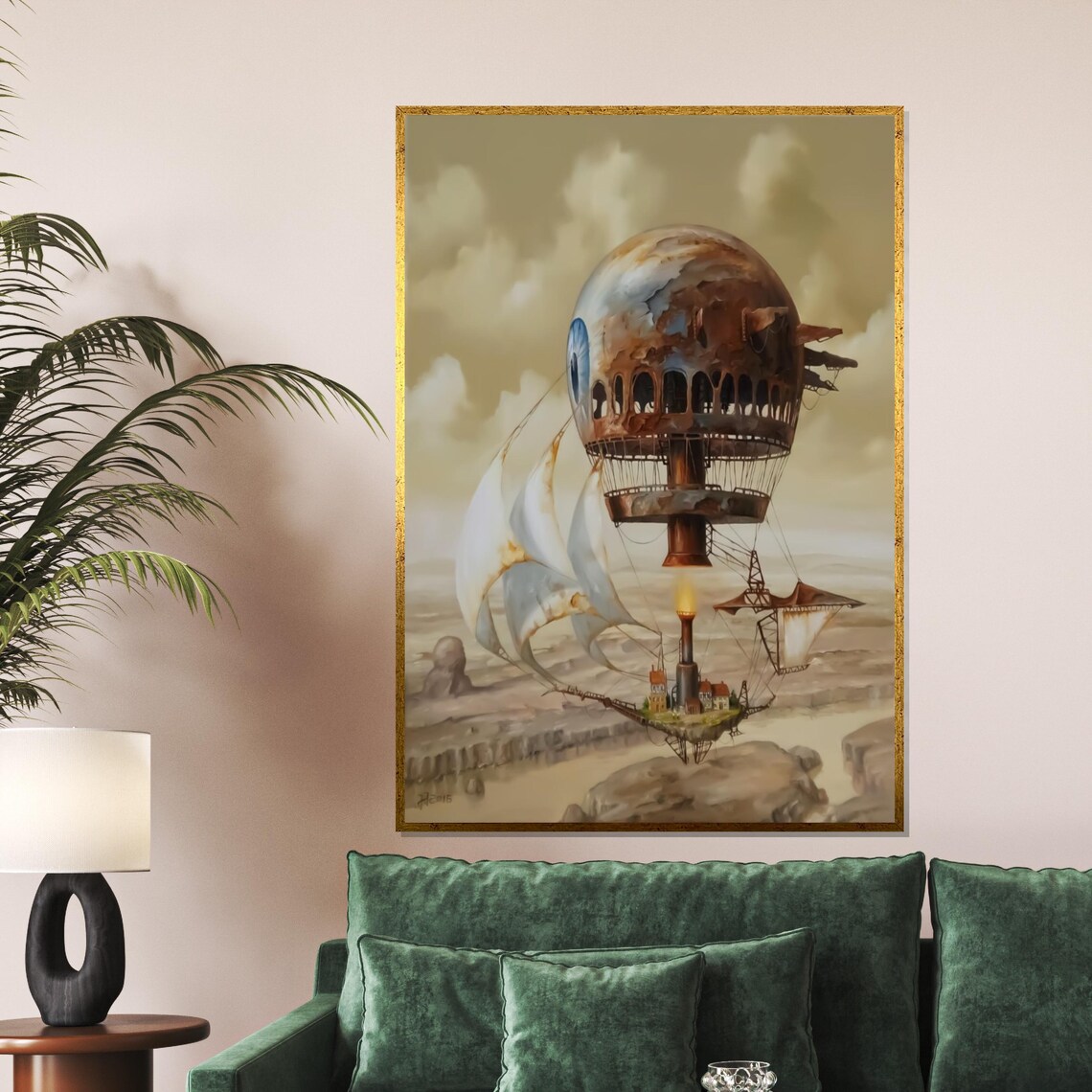 Steampunk Airship With Sails Over Desert Surreal Fantasy Flight Poster