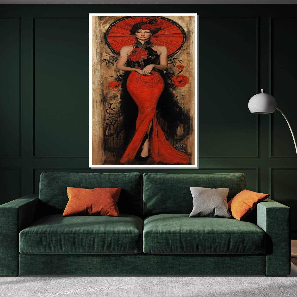 Oriental Beauty In Red Cheongsam With Parasol Floral Glamour Poster - Image 2