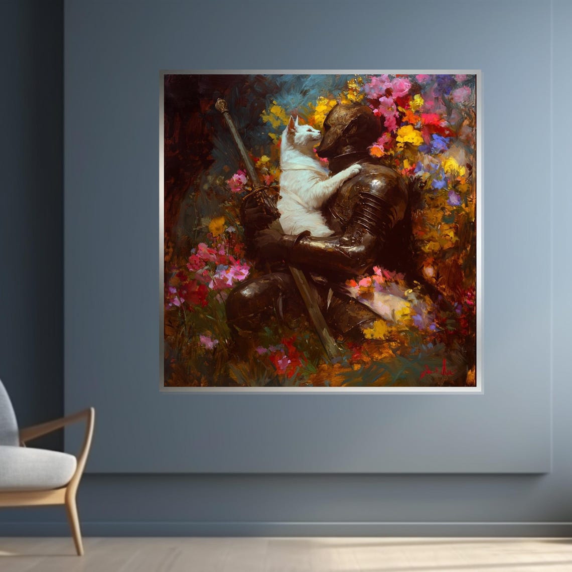Medieval Knight Hugging White Cat In Flower Garden Fantasy Wall Art - Image 4