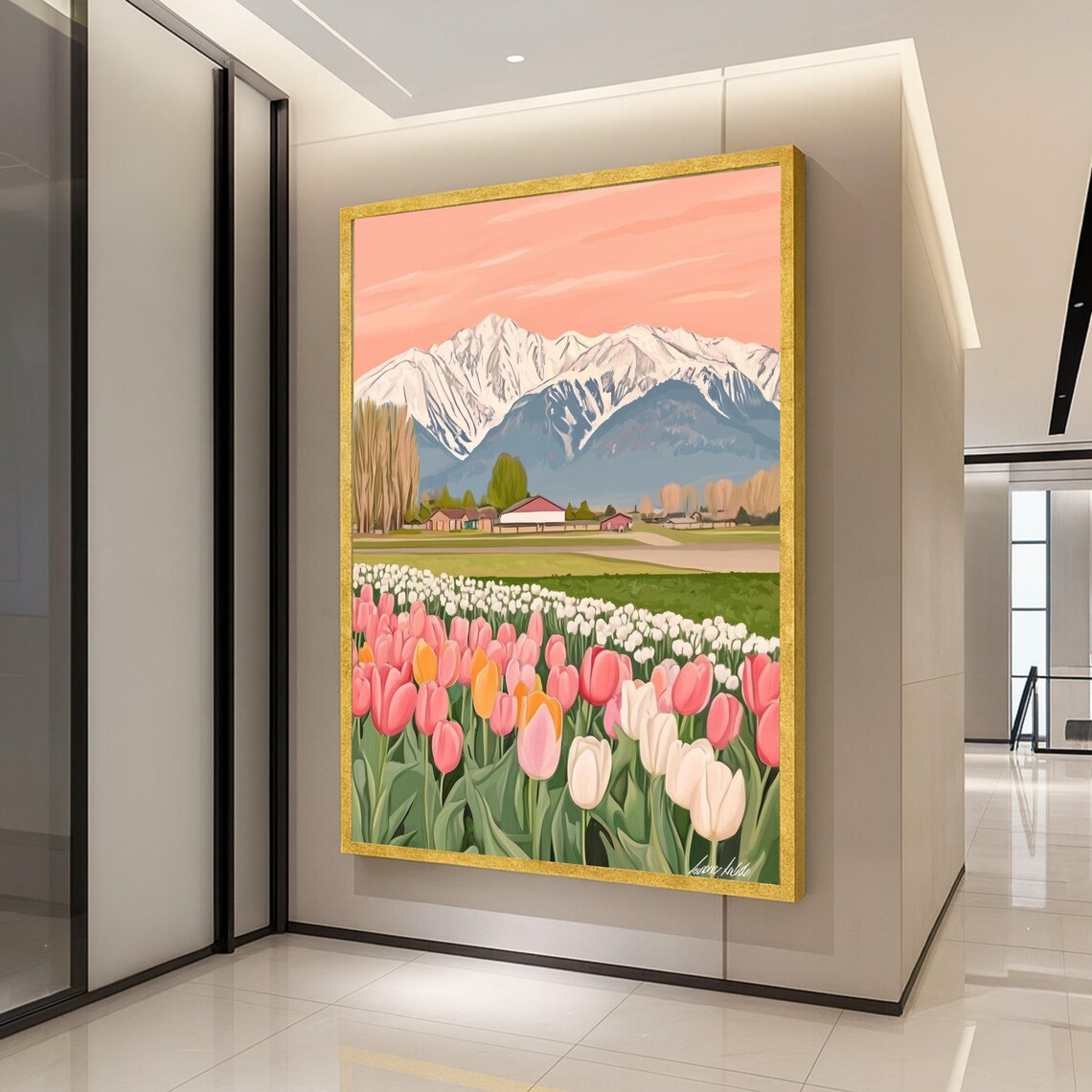 Colorful Tulip Fields Snowy Mountain Farmhouse Floral Poster