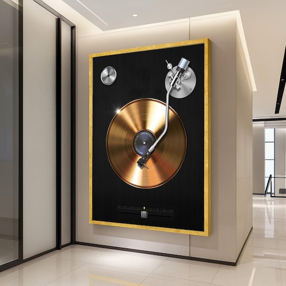 Golden Vinyl Record Player Canvas Wall Art Retro Music Decor Dj Turntable Illustration Modern Home Decoration Ready To Hang
