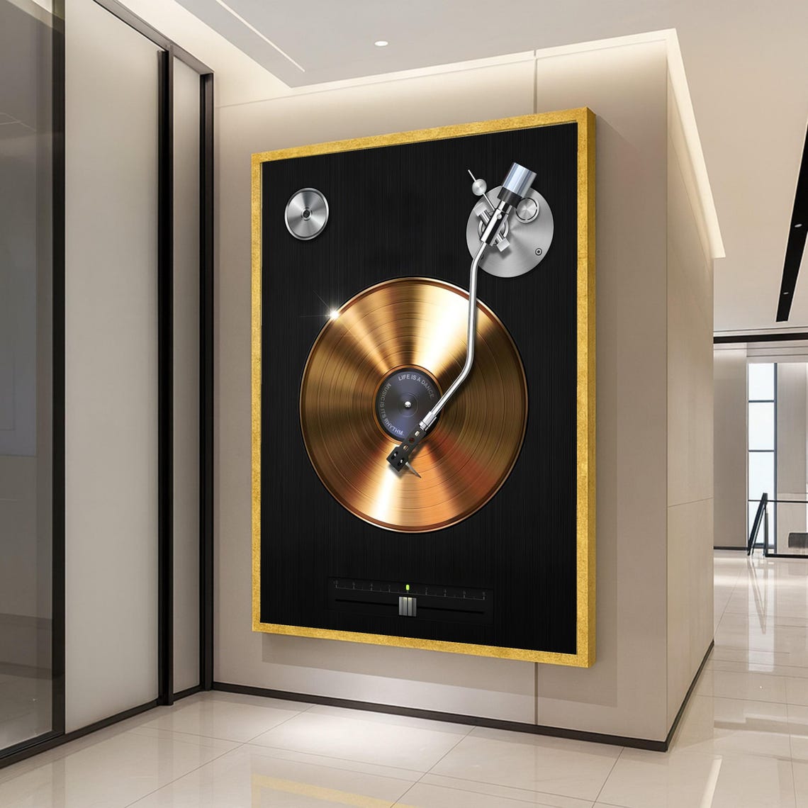 Golden Vinyl Record Turntable Retro Music Studio Decor Poster