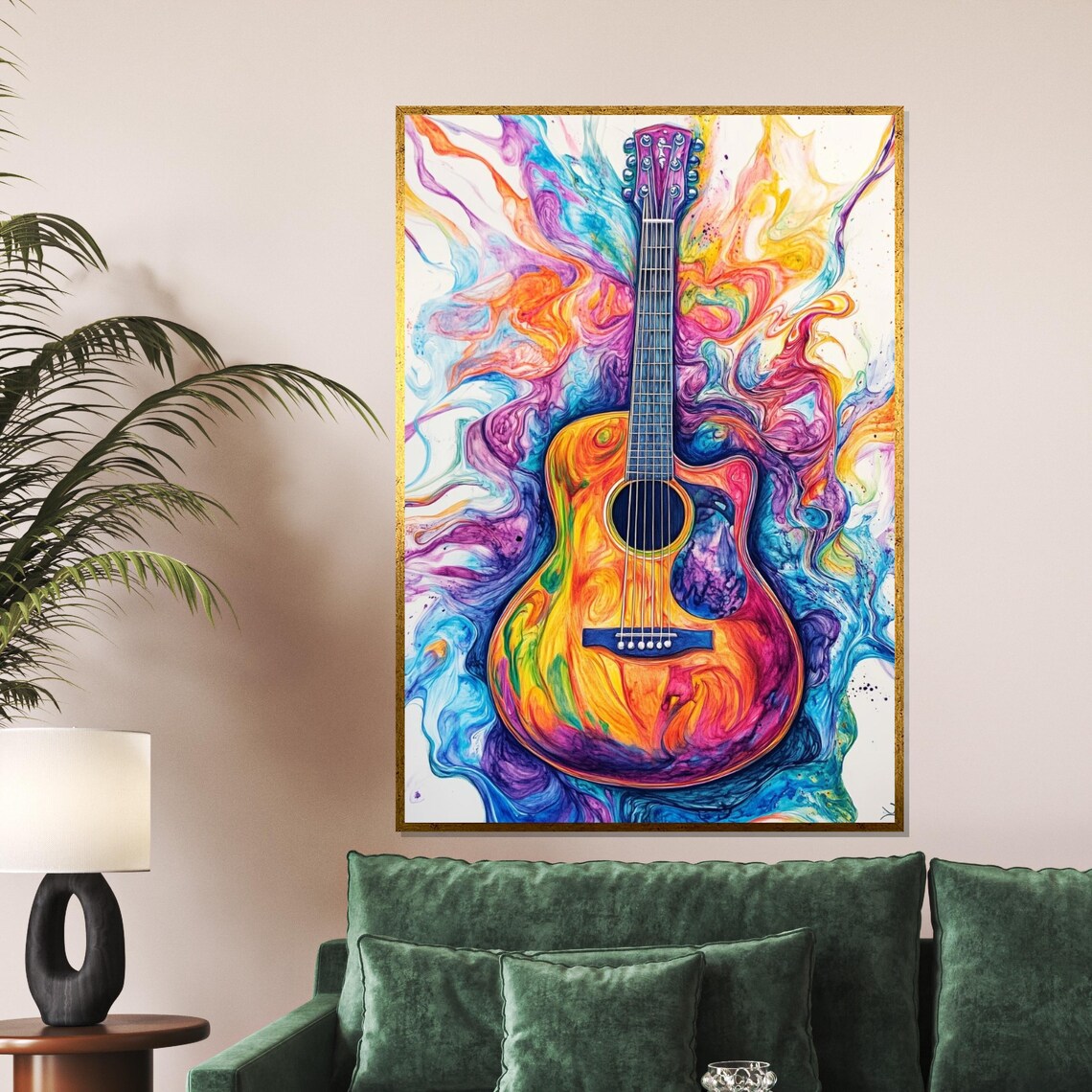 Vibrant Rainbow Acoustic Guitar Swirling Colorful Music Art Poster