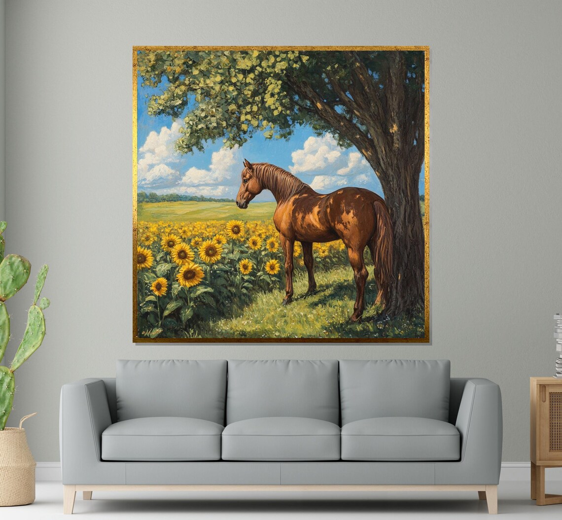 Chestnut Horse By A Tree In A Sunflower Field Pastoral Art Poster