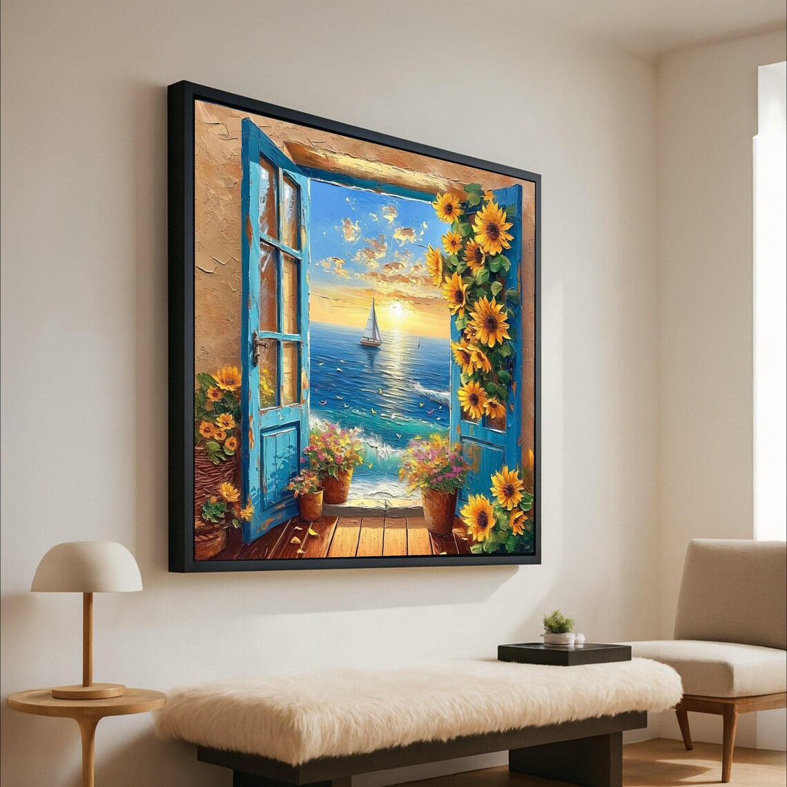 Ocean Sunset View Blue Window Art Print, Sea Landscape