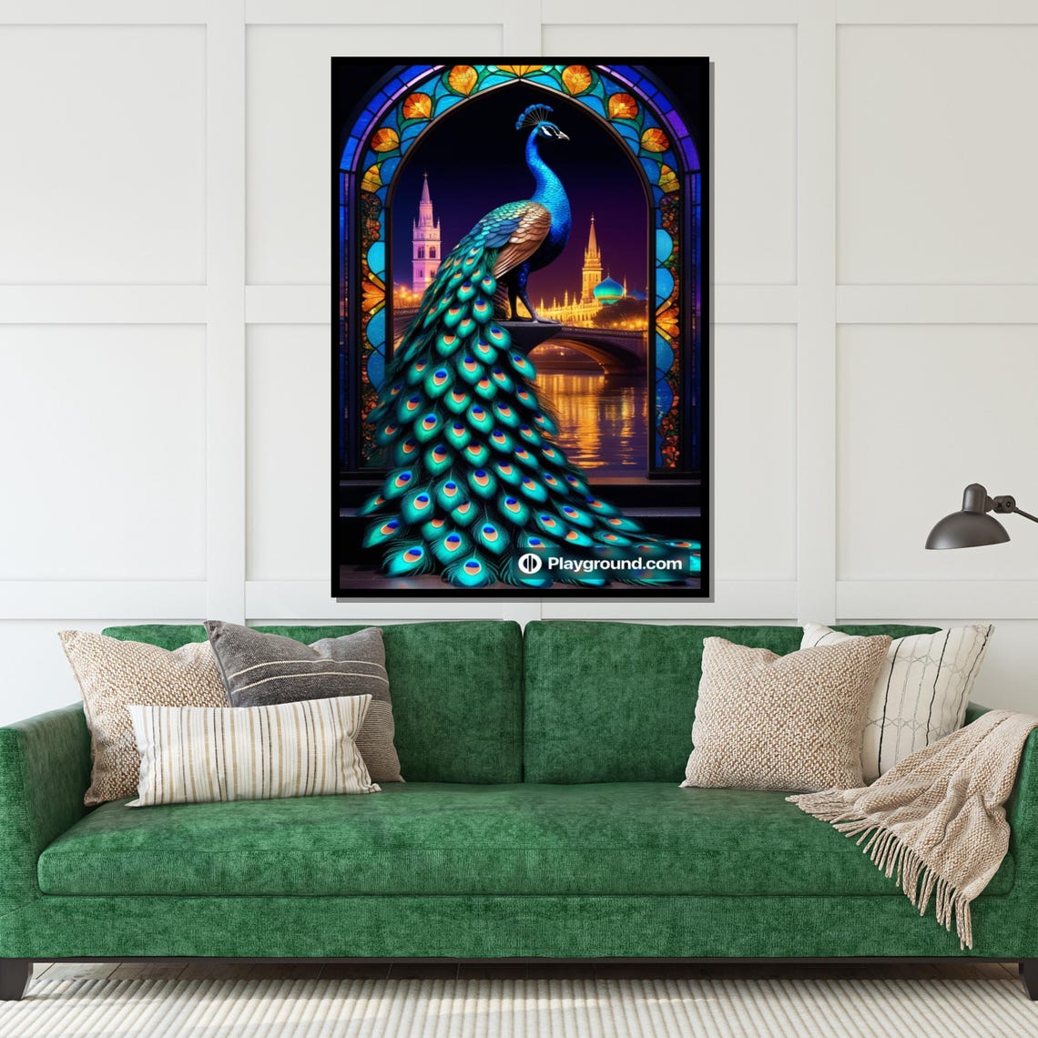 Peacock in Stained Glass Arch Night City Lights Bird Decor Poster - Image 5