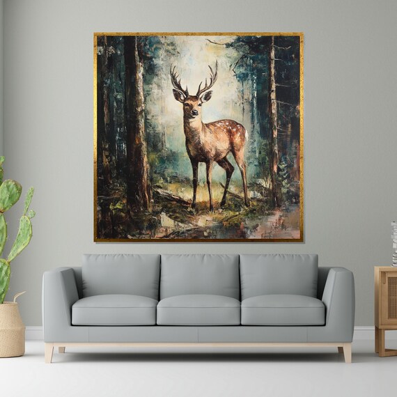 Stag Misty Forest Morning Light Deer Wildlife Oil Art Poster