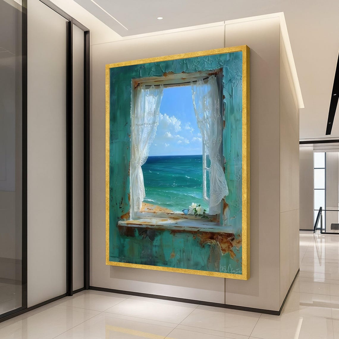 Ocean View Rustic Turquoise Window Seascape Coastal Art Poster