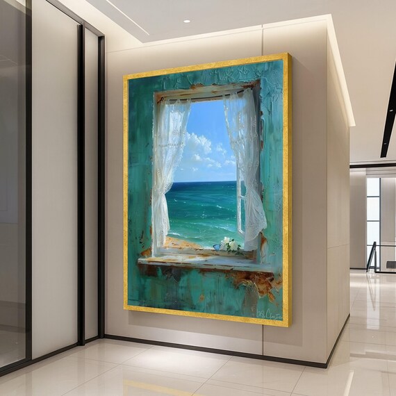 Ocean View Rustic Turquoise Window Seascape Coastal Art Poster