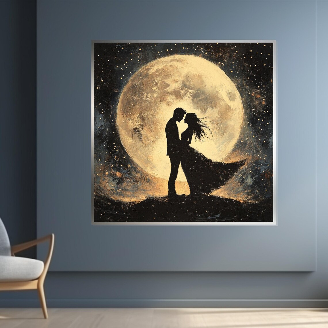 Romantic Lovers Kissing Before Giant Full Moon Starry Night Poster - Image 4
