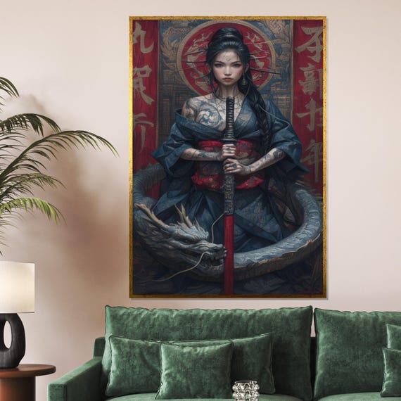 Mystical Warrior Canvas Dragon And Samurai Woman Wall Art Tattoo Poster Design Ready To Hang Decoration