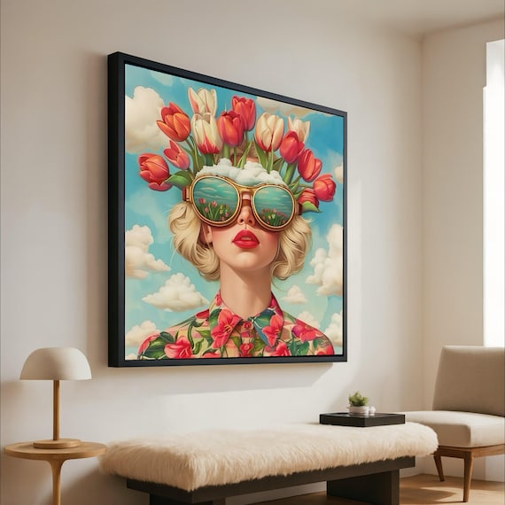 Woman With Tulip Hat Reflective Sunglasses Surreal Spring Poster