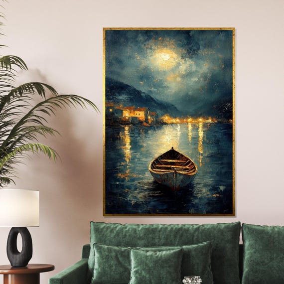 Moonlit Boat Midnight Lake Artistic Wall Art Reflections Poster Wall Art Design Ready To Hang Decoration