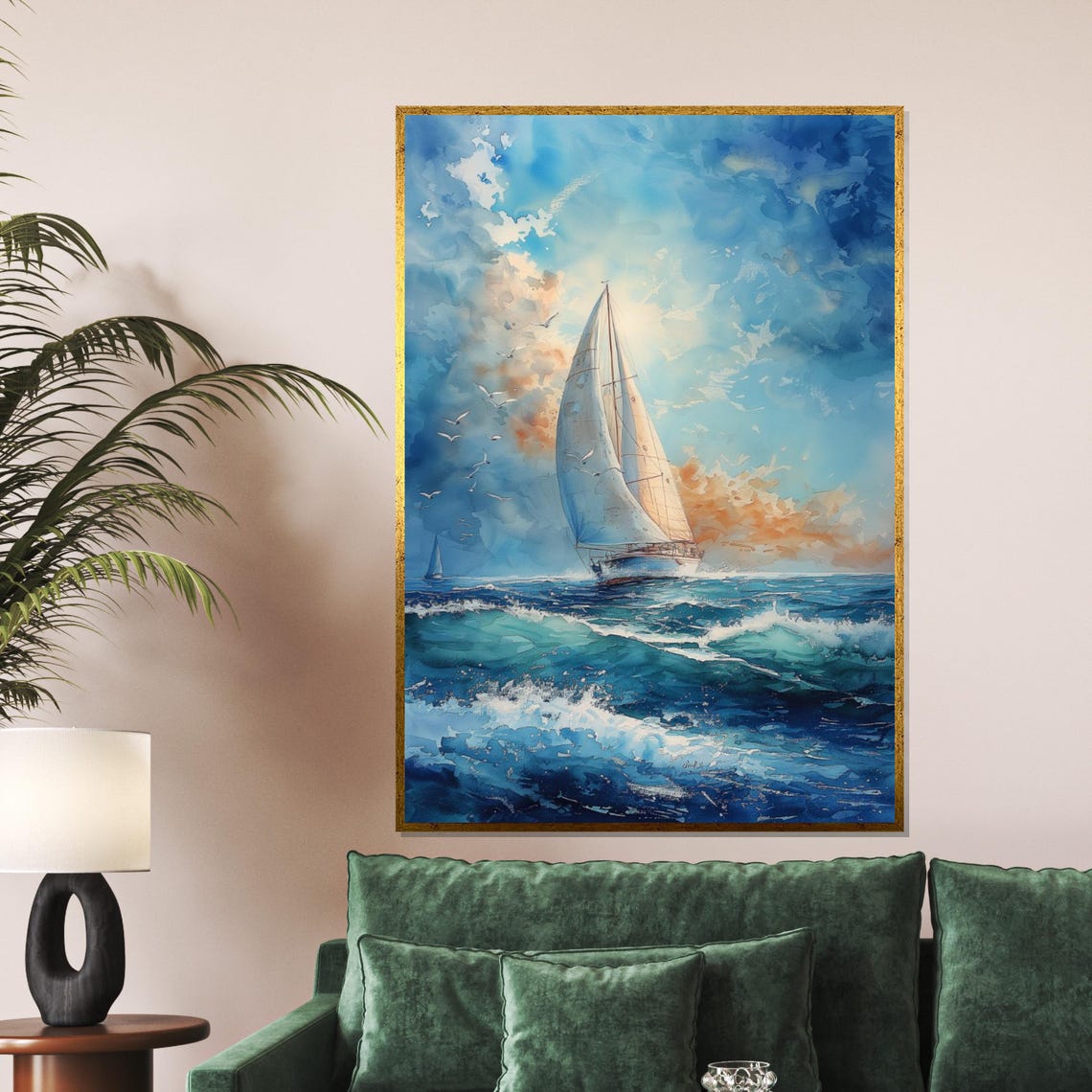 Tall Sailboat Racing Across Ocean Waves Blue Sky Sailing Poster