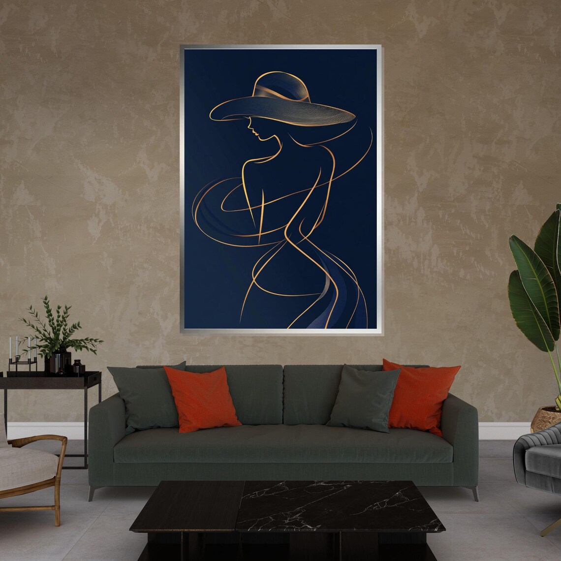 Golden Line Art Woman In Hat On Deep Navy Modern Minimal Style Poster - Image 3