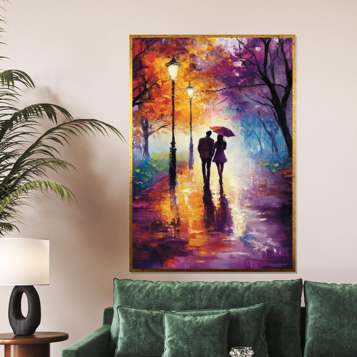 Romantic Couple With Umbrella Rainy Night Walk Autumn Park Poster
