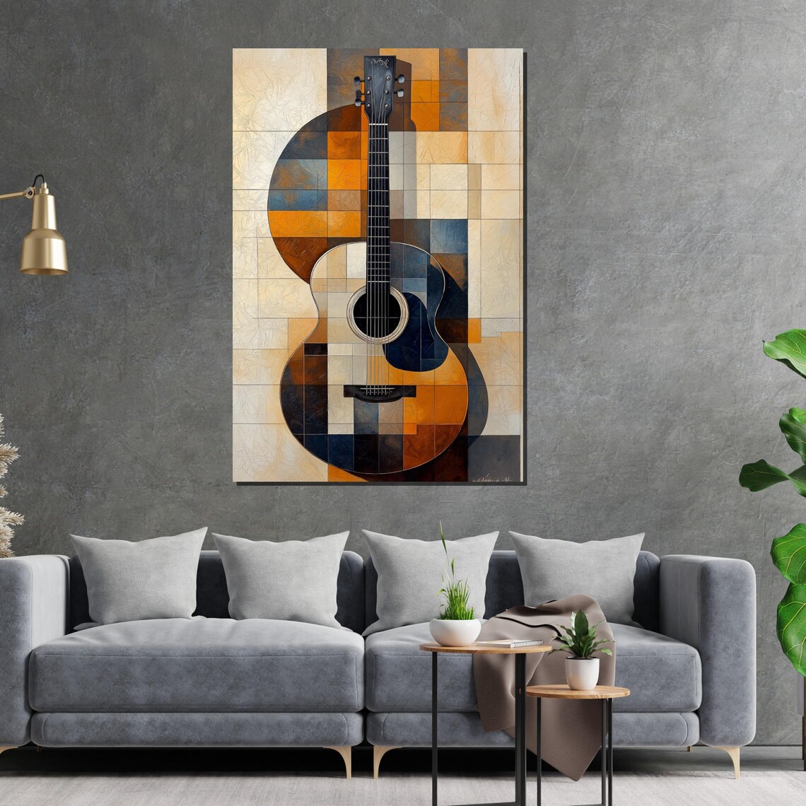 Geometric Mosaic Acoustic Guitar Warm Retro Tones Music Art Poster - Image 2